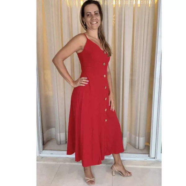 Vestido Midi Botões Vermelho - Imagem 2