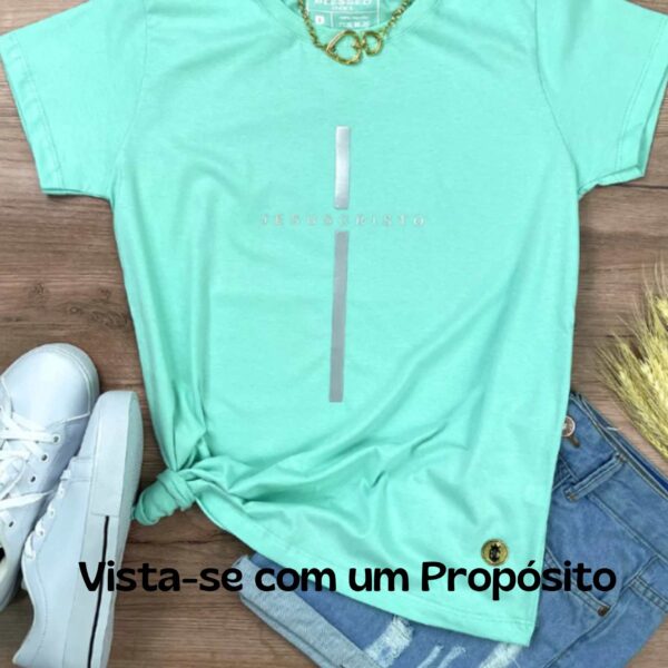 Camiseta feminina verde menta Cruz prata jesus Cristo Babylook T-Shirt algodão