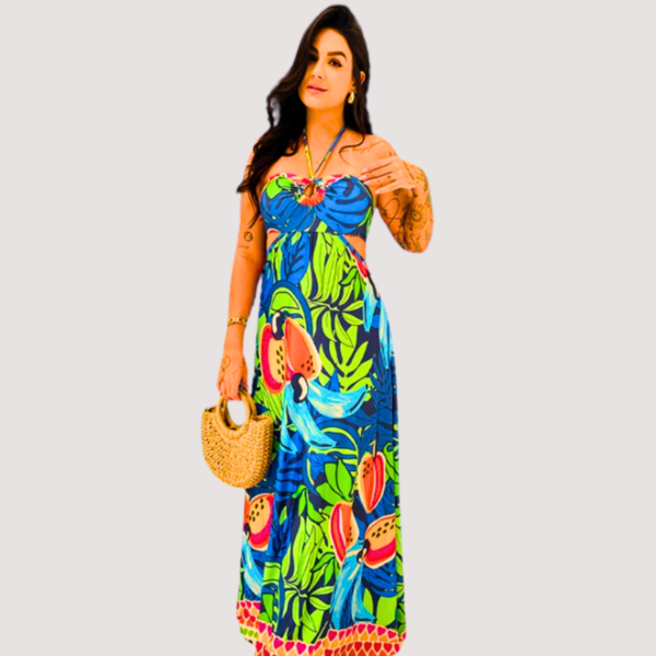 Vestido Longo Alana Primavera De Caju Beje/ Explosão Deverão